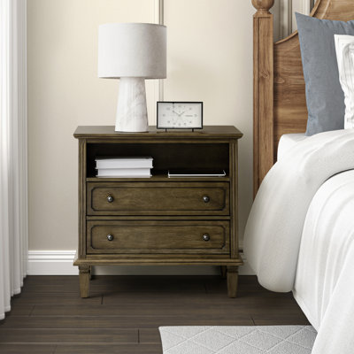 Amberlyn 28.2" W Traditional 2-Drawer End Table with Charging Station and Solid Wood Legs and Open Shelf by Kelly Clarkson Home