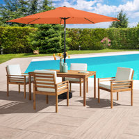 Arjay 8 Pc Patio Dining Set Wood One 63" Table Chairs With Cushions And 1 10-Foot Tilt Umbrella by Wade Logan