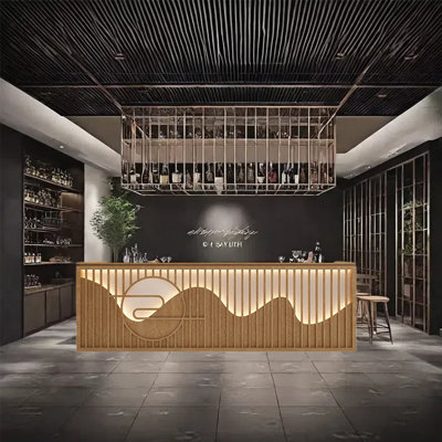 102.36-Inch Vintage Front Desk Bar Counter with Dual Countertop Design, Wine Storage and Lockable Drawers by KPXU Bar Counter