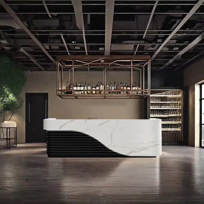 102.36" Bar Counter Front Desk with Wine Storage, Lockable Drawers, and Dual Function by KPXU Bar Counter
