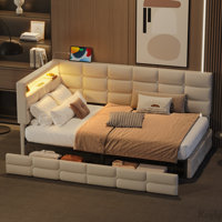 Upholstered Daybed with Storage 2 Drawers and Charging Station,LED Lights and Storage Headboard