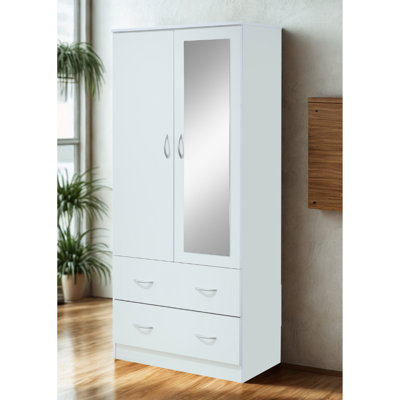 2-Door Freestanding Wardrobe Armoire with Full-Length Mirror, Hanging Rod and 2-Drawers - Bedroom Closet stroage Cabinet by L