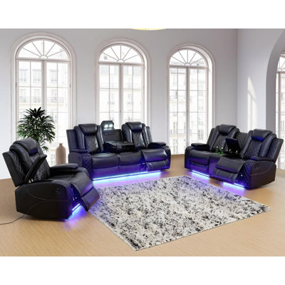 Selyan 3 - Piece Vegan Leather Movie Theater Power Reclining Living Room Sofa Set with LED Lights, Reading Lights, Wireless Charging, and Storage Armr by Hokku Designs