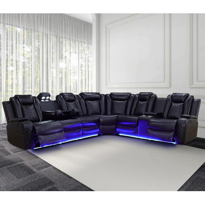3-Pieces 210" Breathing Leather Power Reclining Theater Sectional with Wireless Chargers and LED Lighting by L&Y HOMELIVING