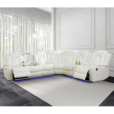 3-Pieces 210" Breathing Leather Power Reclining Theater Sectional with Wireless Chargers and LED Lighting by L&Y HOMELIVING