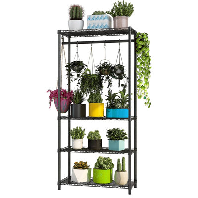 Indoor Outdoor Metal Tiered Plant Stand with Adjustable Shelves and Hanging Rod, Essential for Bedroom, Balcony & Garden by LGHM
