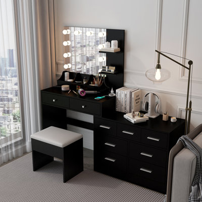 Makeup Vanity With Lights, Charging Station And Mirror by Latitude Run