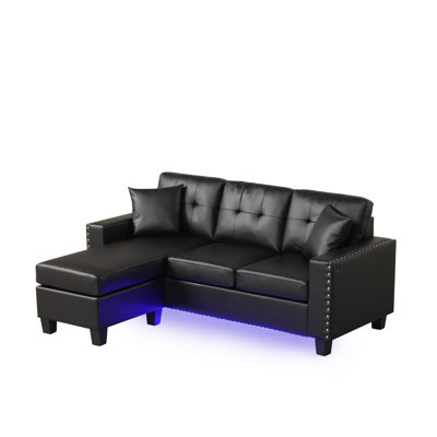 Sorenza 74"W Black PVC Reversible Sectional Sofa Chaise With LED Light, USB Port, Nailhead Trim, Throw Pillows, Tufted Cushion