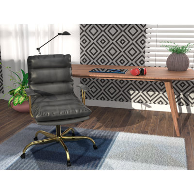 Modern Leather Swivel Office Chair with Adjustable Height and Tilt Lock, Gold Steel Base Computer Desk Chair by Everly Quinn