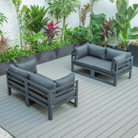 Hokku Designs Letendre 4-Piece Outdoor Patio Sectional Loveseat Set Black Aluminum with Cushions