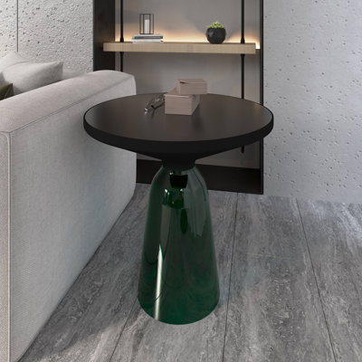 19" Round Side End Table Glass/Sintered Stone Top With Powder-Coated Black Rim And Tempered Glass Base by LeisureMod