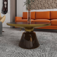 30" Round Coffee Table Glass/Sintered Stone Top With Brushed Gold Rim And Tempered Glass Base by LeisureMod