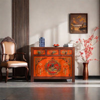 Elegant Hand-Painted Pine Wood Storage Cabinet by Liu