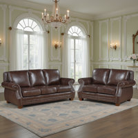Traditional 2-Piece Living Room Set with 100% Top Grain Leather Upholstery, Elegant Nailhead Trim & Foam over Pocket Coils Comfort by Charlton Home