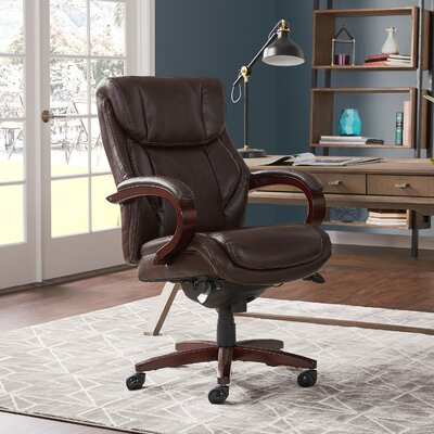 La-Z-Boy Bellamy Executive Office Chair with Memory Foam Cushions, Real Wood Arms and Swivel Base, Waterfall Seat Edge, Faux Bonded Leather
