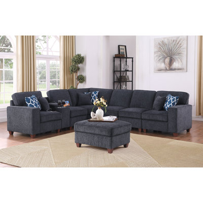 Hector Chenille Sectional Sofa with Ottoman & 6 Toss Pillows by NFusion