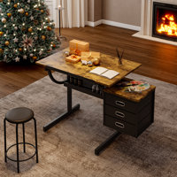 Lentine Adjustable Drafting Desk with 3 Drawers and Stool by Ebern Designs
