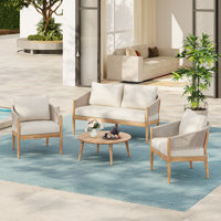 Daisy Outdoor 4-Piece Acacia Wood Conversation Set With Rope Backrest & Cushions by George Oliver