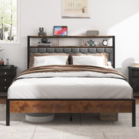 Uriah Wood Platform Bed with Upholstered Headboard & USB Charging