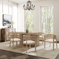 Michaelin 7-Piece Mid-Century Modern Dining Set With Rattan Back Chairs And Rectangular Pillar Base Table by Ebern Designs