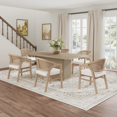 Eldora 7-Piece Mid-Century Modern Dining Set With Cane Back Chairs And Rectangular Pillar Base Table by Bay Isle Home