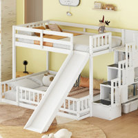 CloudBound Twin Over Full Bunk Bed with Slide and Storage Staircase, Pine by Harriet Bee