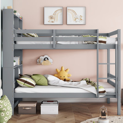 Itiana Twin Over Twin Bunk Bed with Rubber Wood, Shelves Headboard, Safety Guardrails, and Ladder by Harriet Bee