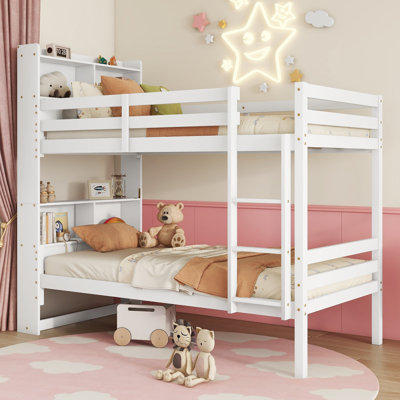 Itiana Twin Over Twin Bunk Bed with Rubber Wood, Shelves Headboard, Safety Guardrails, and Ladder by Harriet Bee