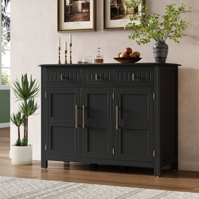 Henrick Transitional Acacia Wood Storage Cabinet With 3 Drawers, 3 Doors, And Modern Glam Hardware Accents