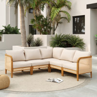 Alvie Modern Outdoor Acacia Wood Sectional Sofa With V-Shaped Frame And Woven Cane Accents by Bay Isle Home