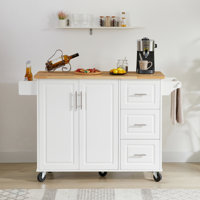 Culinary Rolling Kitchen Island with Rubberwood Countertop & Ample Storage by Lark Manor