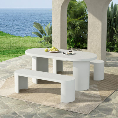 Alvero 3-Piece Modern Outdoor Concrete Dining Set With White Terrazzo Tabletop And Matching Benches