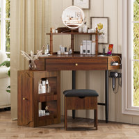 Glamora 3-Piece Modern Corner Vanity Desk Set with Glass Top Charging Station and Jewelry Organizer by NFusion