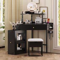 Glamora 3-Piece Modern Corner Vanity Desk Set with Glass Top Charging Station and Jewelry Organizer by NFusion