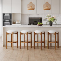 Lunara Mid-Century Modern Rubberwood Upholstered Barstools With Curved Back And Footrest