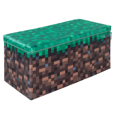 Minecraft: Bench Storage Box - Large - Pixel Grass Block, Collapsible Toy Storage w/ Lid, Footrest, 11.8 x 23.6 x 11.8", Game Theme Decor, Licensed by Minecraft