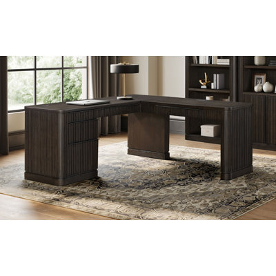 Cooperstown Pedestal L-Desk, Pedestal L-Desk with Open Return, Pedestal Desk, Office Desk, Brown by Hokku Designs