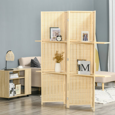 HOMCOM 4-Panel Folding Room Divider, 6 Ft Freestanding Bamboo Privacy Screen Panel With Storage Shelves For Bedroom Or Office, Natural Wood Color by Myhomekeepers