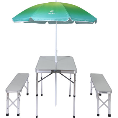 Folding Picnic Table with 2 Benches & Umbrella, Mesh Net for Outdoor, Patio, Lawn, & Backyard by MUKE