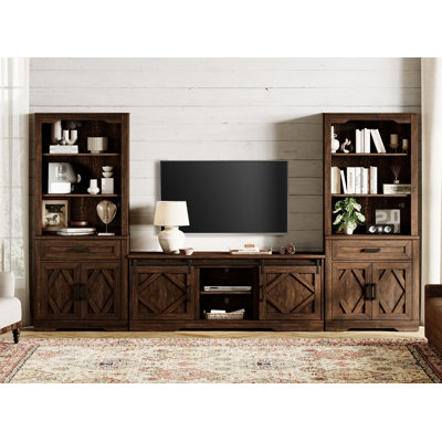 Laziza Farmhouse Entertainment Center With Bookshelf For Tvs Up To 75",Mid Century Modern TV Stand With 73"H Tall 5-Tier Bookcase With Open Storage An by Gracie Oaks