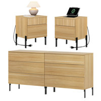4 Pcs Wood Bedroom Set,Reeded 6 Drawer Dresser And Nightstand Sets For Bedroom, Night Stand Set Of 2 With Built-In Charging Station by WAMPAT