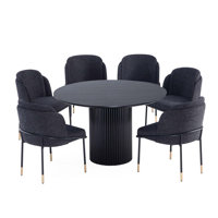Hathaway and Flor 7-Piece Solid Wood Dining Set with Twill Weave Upholstered Chairs by Manhattan Comfort