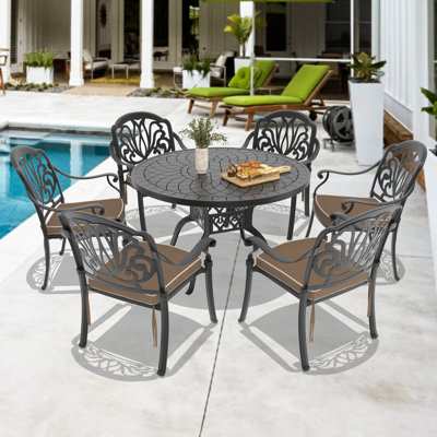 47.24 -inch Round Table Cast Aluminum Outdoor Dining Set with Brown Cushions by MIRROR FLY