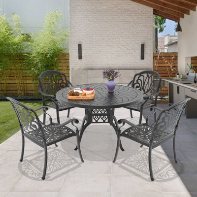 47.24 -inch Round Table Cast Aluminum Outdoor Dining Set with Brown Cushions by MIRROR FLY