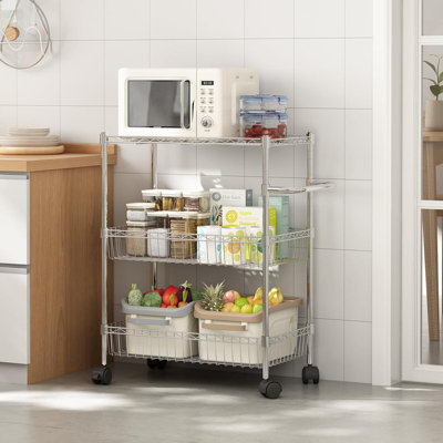 3 Tier Rolling Cart, Metal Kitchen Cart On Wheels with Baskets, Rolling Snack Storage Cart by Sangdo
