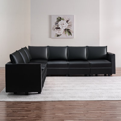 Ruell 7-Seater Air Leather Convertible Modular Sectional Sofa Sleeper Couch for Large Living Room by Hokku Designs