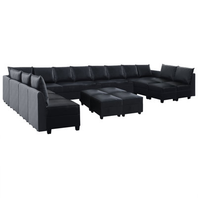 Ruelu 13 Seater U-Shaped Modular Sofa – Oversized Sleeper Sectional with 6 Ottomans for Living by Hokku Designs