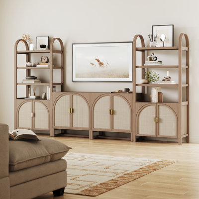Coetzee Boho 3-Shelf Bookshelf Cabinet With Rattan Doors