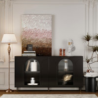 Accent Cabinet Black Lacquered Wooden Cabinet With 4 Glass Doors Sideboard Buffet Server Cabinet Storage Cabinet by Mercer41