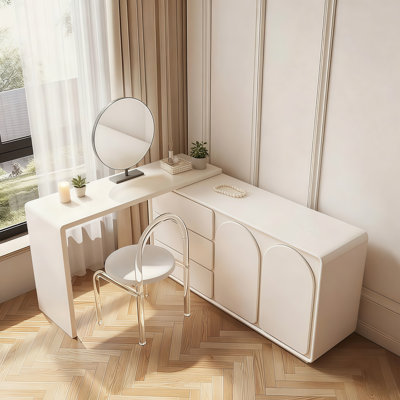 Chic Extendable Vanity Set with 3 Drawers, 2 Doors, Round Mirror & Acrylic Chair - All-in-One Bedroom Makeup Station by ornateoasiss
